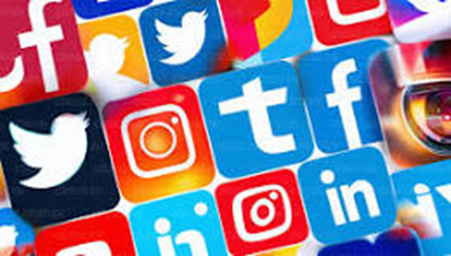 A collage of various social media platform icons, including Twitter, Instagram, Facebook, and LinkedIn, representing digital communication and online identity.